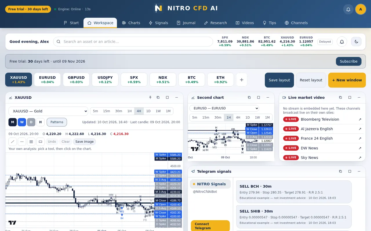 The member workspace: a main chart with levels, a second chart, live channels, Telegram signals and market tabs